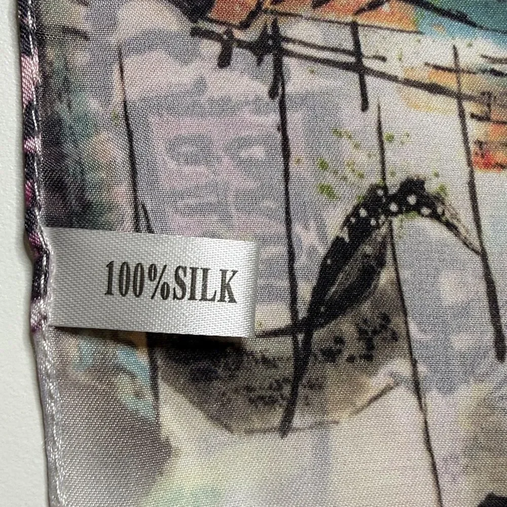 Vintage Long Silk Scarf Wrap Cityscape Buildings Scenery 66x28